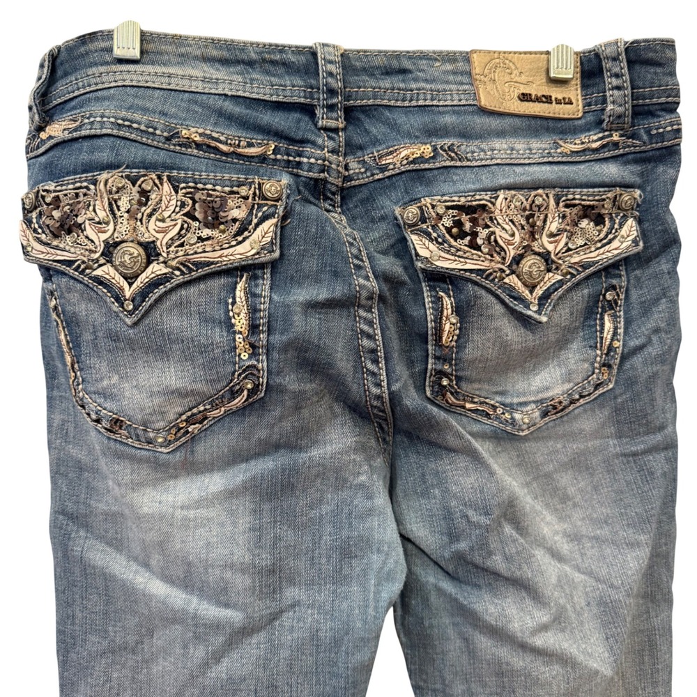 Grace in LA Women's Embellished Sequin Bootcut Easyfit Jeans Medium Wash Size 31